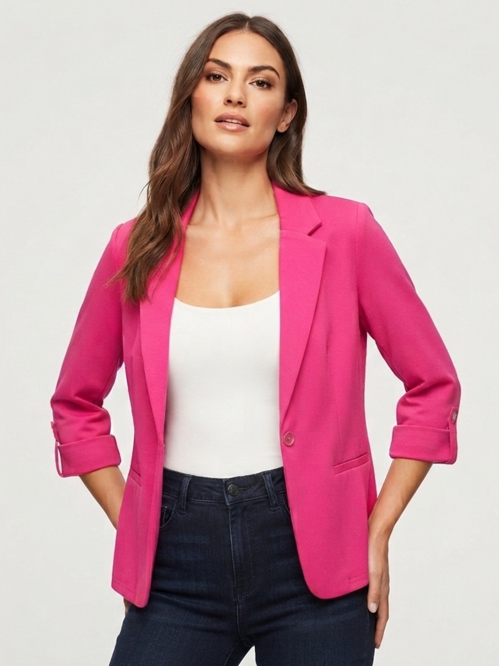 NWT SOHO Apparel Ltd. Hot Pink Open Front Blazer Size Medium 3/4 sleeves